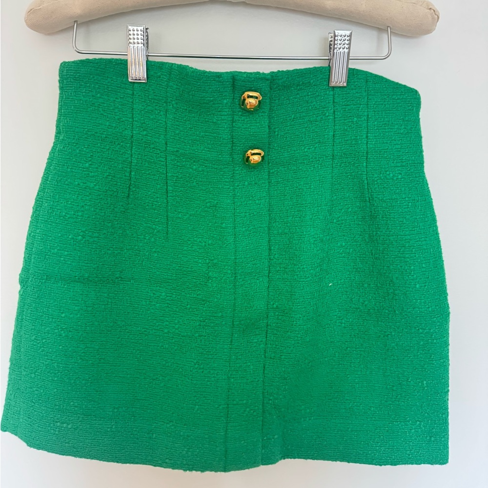 Zara Green Tweed Mini Skirt w/ Gold Buttons – Festive Holiday Mini (S)